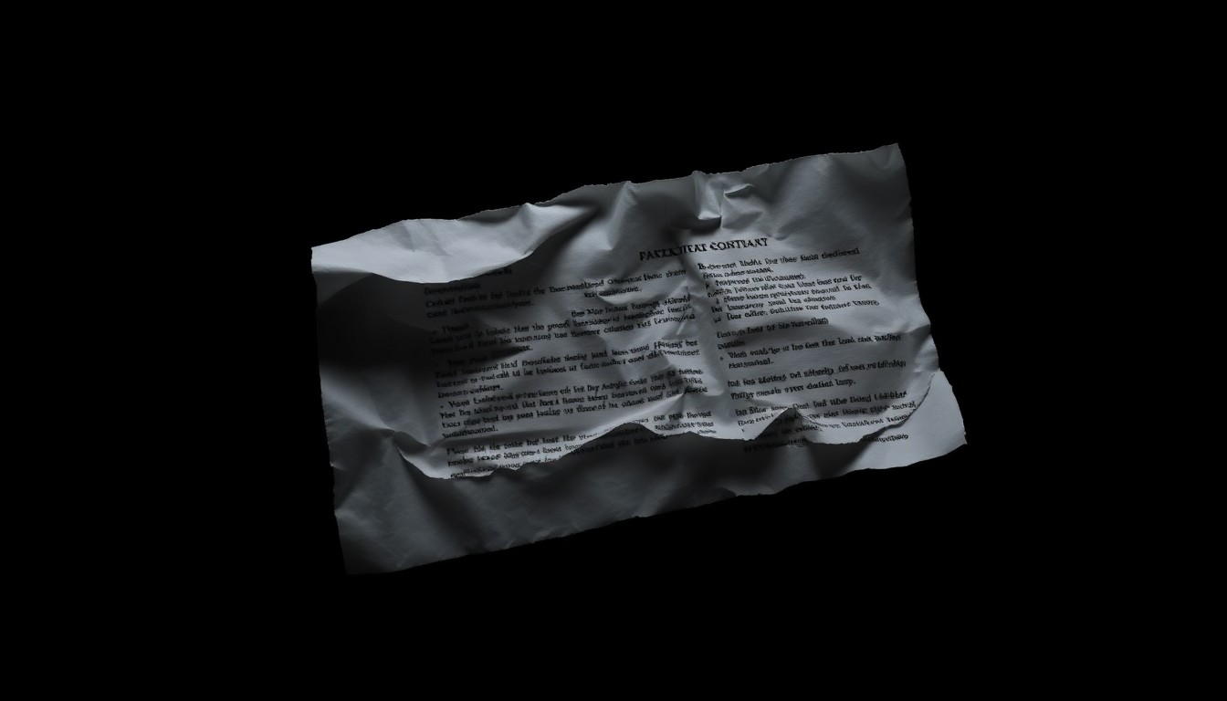 An extreme close-up photograph of a crumpled, torn document or contract, conveying a sense of financial wrongdoing through the use of dramatic lighting and a stark, gritty aesthetic.