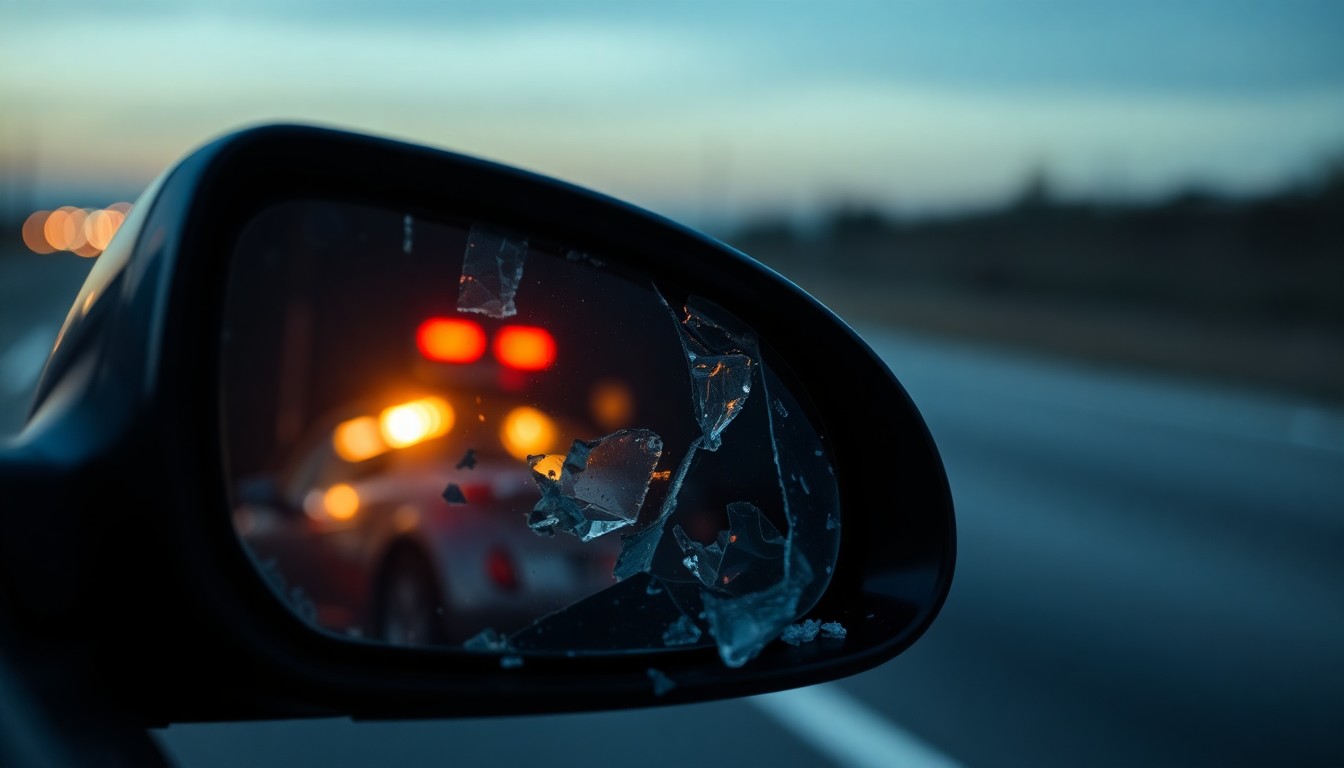 An extreme close-up photograph of a shattered car side mirror reflecting the faint glow of emergency lights, conceptually representing the tragic consequences of a highway collision.