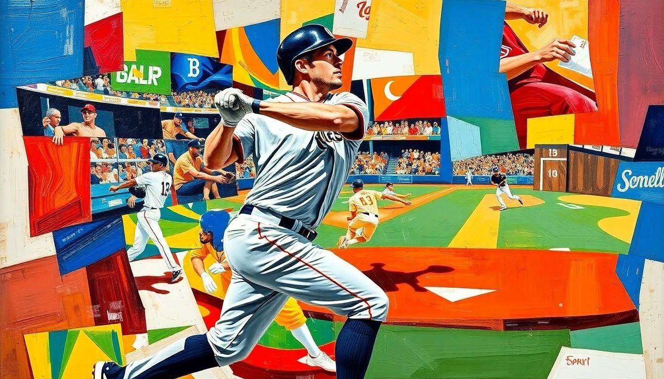 A cubist-style painting depicting a baseball player's motion broken down into sharp, overlapping geometric shapes and planes, conveying the dynamic energy of the sport.