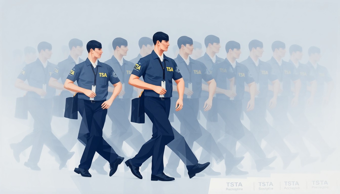 A dynamic, fragmented painting depicting the motion of a TSA agent, with their body repeated in overlapping geometric shapes in shades of blue, grey, and white, conveying the chaos and disruption caused by the government shutdown at airports.