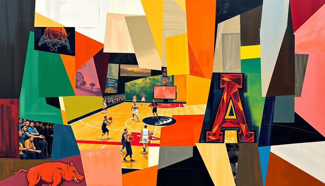 A fragmented, geometric painting depicting the chaotic defensive possessions of a basketball game, with sharp planes of color representing the players and the court.
