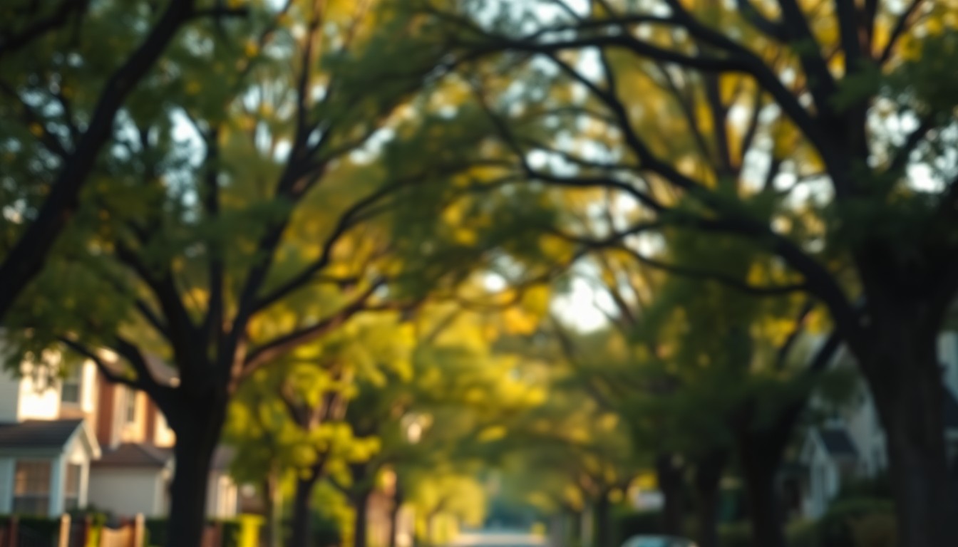 An abstract, impressionistic scene of a tree-lined residential street, with the branches and leaves blurred into soft, warm pools of light and color, conveying the importance of proper tree maintenance in a community setting.