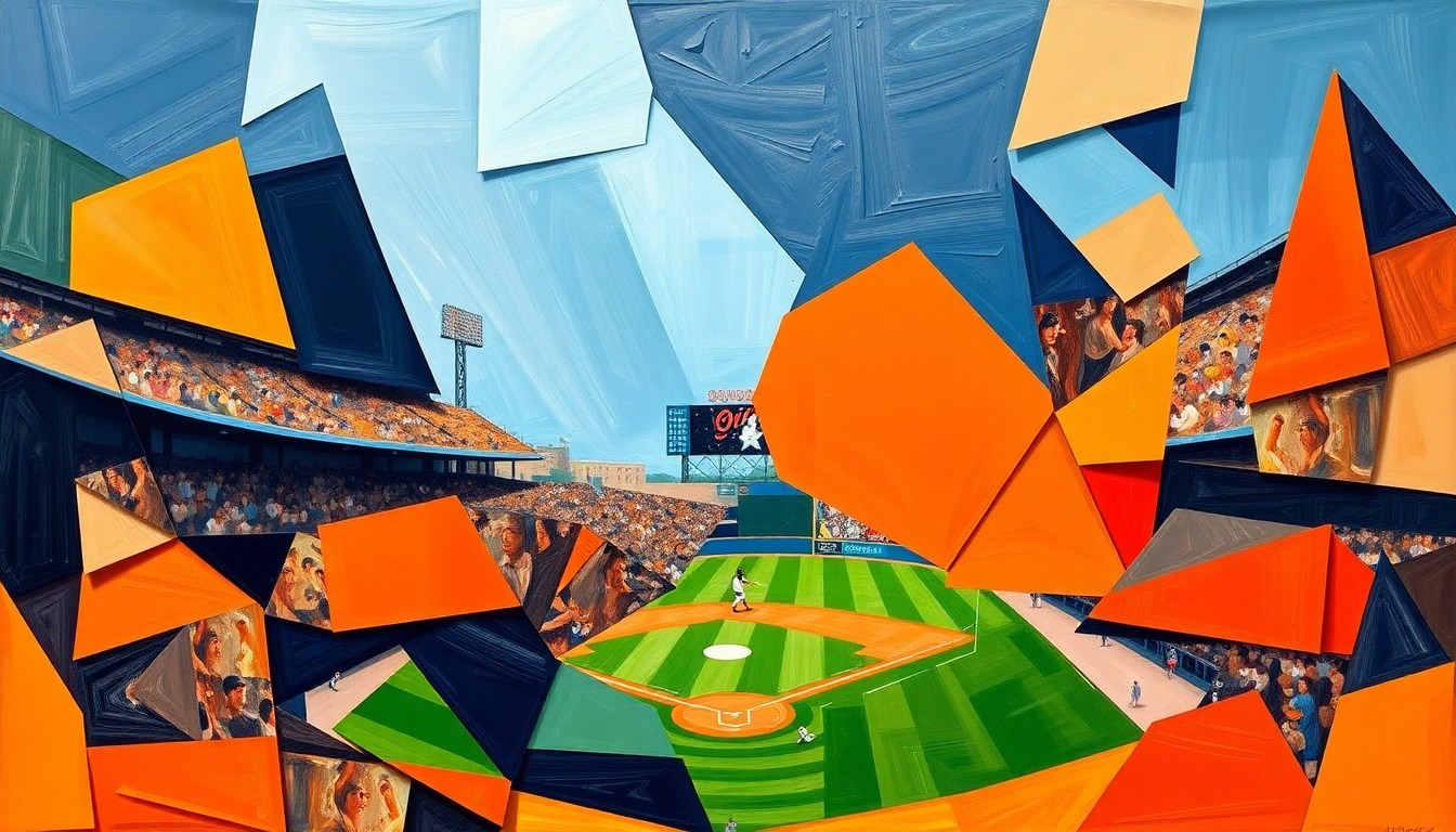 A cubist, geometric painting depicting a baseball game between the Orioles and Twins, with sharp, overlapping shapes and planes in vibrant orange and navy blue colors, capturing the dynamic action and tension of the opening series.