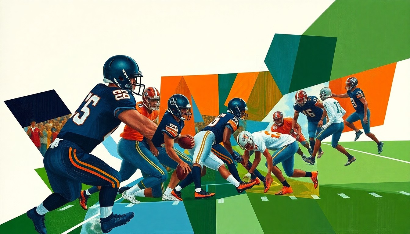 A fragmented, geometric painting depicting a football field and players, with sharp, overlapping planes in navy, orange, and green, conceptually representing the Bears' offseason plans to reconstruct their offense.
