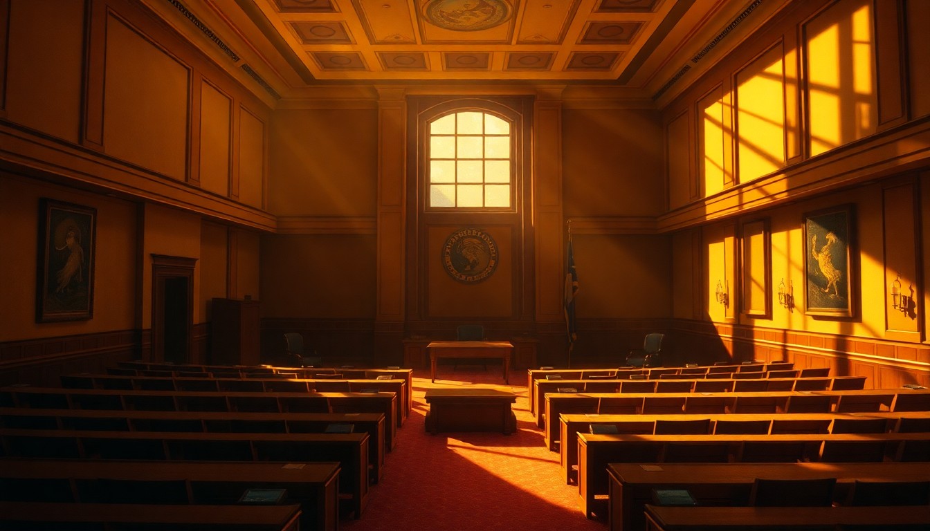 A serene, painterly scene of an empty city council chamber, with warm sunlight streaming through the windows and deep shadows casting a contemplative mood, conceptually representing the careful budget deliberations of local government.