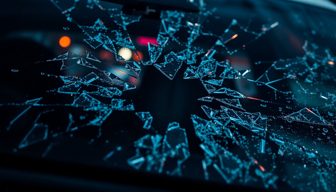 An extreme close-up photograph of a shattered car windshield, the glass reflecting a faint red light, conceptually illustrating the aftermath of a violent attack.