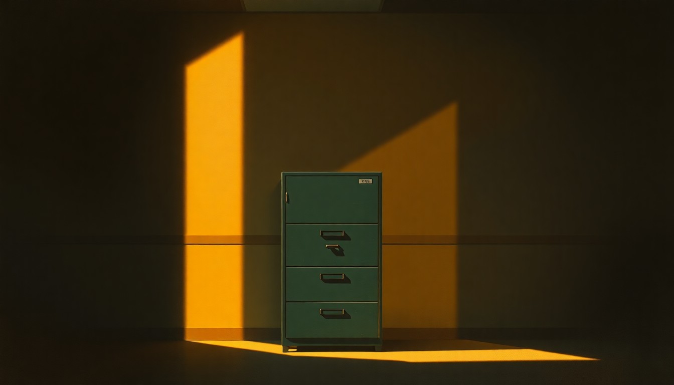 A cinematic painting of a lone, weathered file cabinet in a dimly lit government office, with warm, diagonal sunlight and deep shadows, conceptually representing the city's resistance to releasing 9/11 exposure data.