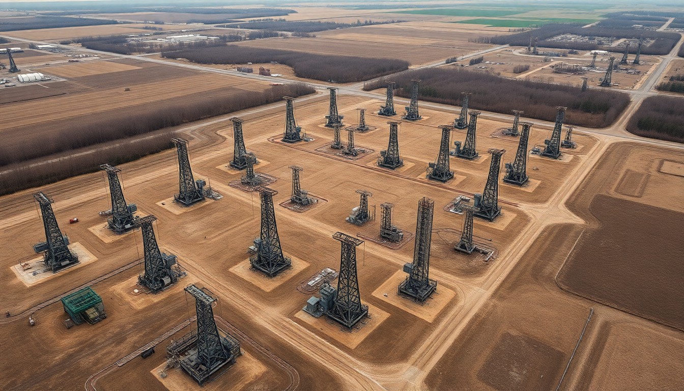 An extreme aerial view of a grid of oil derricks and fracking equipment, rendered in hyper-detailed photographic style to convey the massive scale of Ohio's natural gas operations.