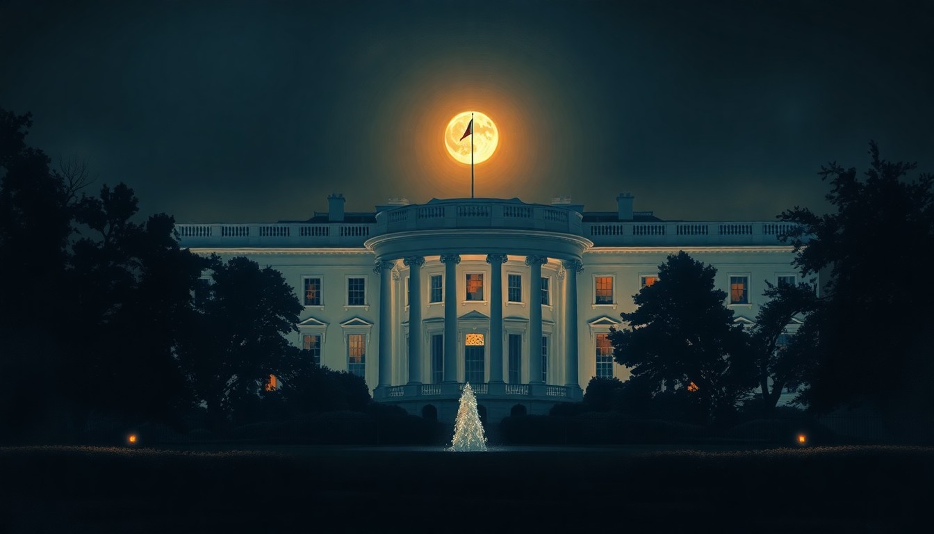 A cinematic painting of the White House at night, with the iconic building bathed in warm, diagonal moonlight and deep shadows, hinting at the mysterious construction project happening beneath the surface.