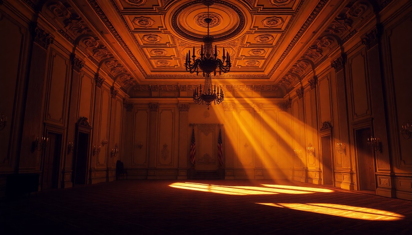 A dimly lit, cinematic painting of an ornate, empty White House ballroom, with warm sunlight streaming in through the windows and deep shadows casting a sense of political nostalgia and excess.