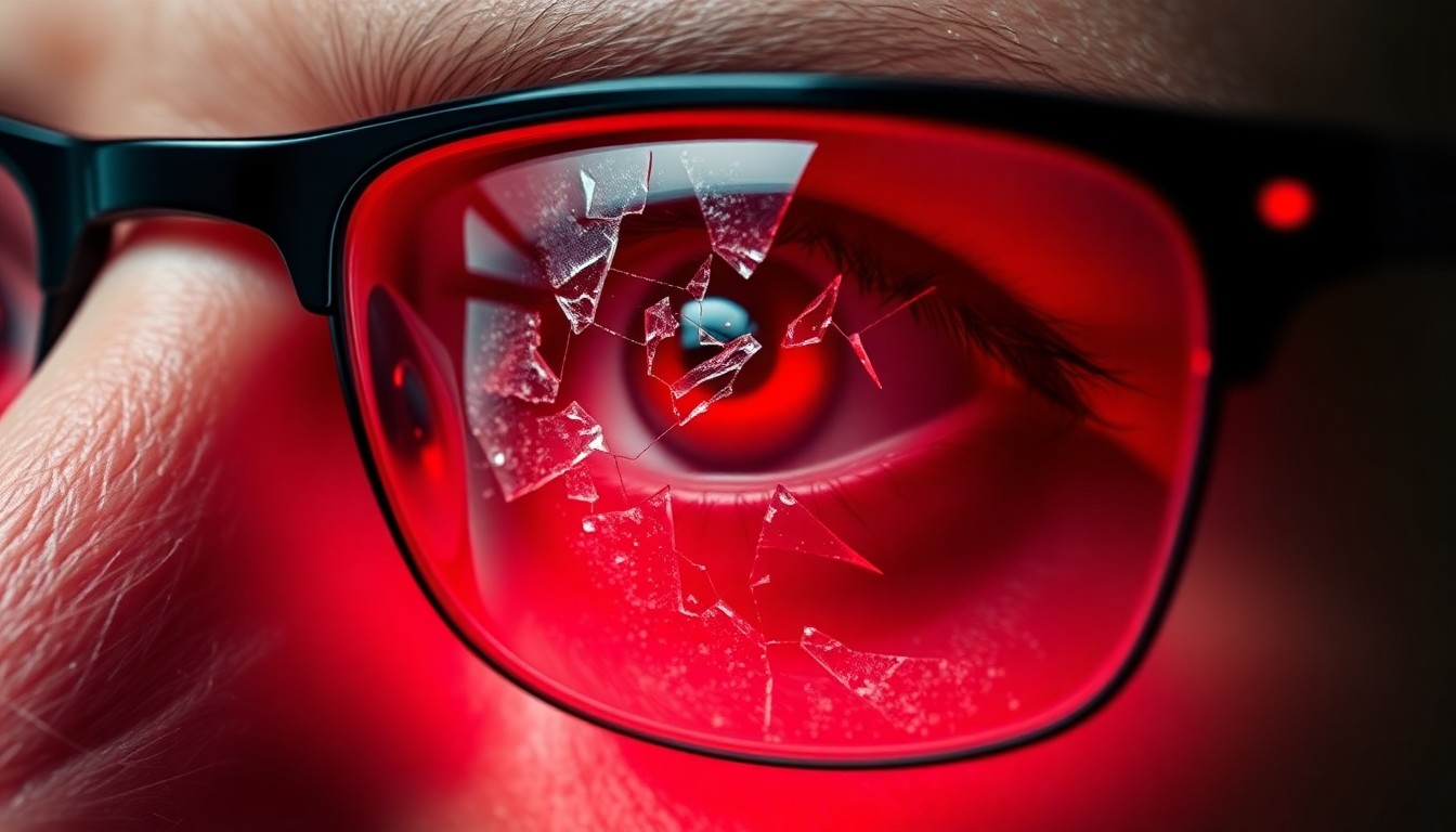 An extreme close-up photograph of a shattered eyeglasses lens reflecting a faint red light, conveying the serious, investigative mood of this crime story without depicting any actual violence or victims.