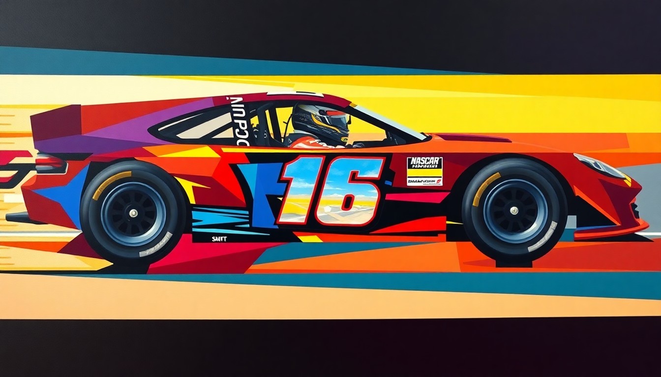 A cubist, geometric painting depicting a NASCAR race, with the car and driver broken down into abstract shapes and planes of color, capturing the raw energy and motion of the sport.