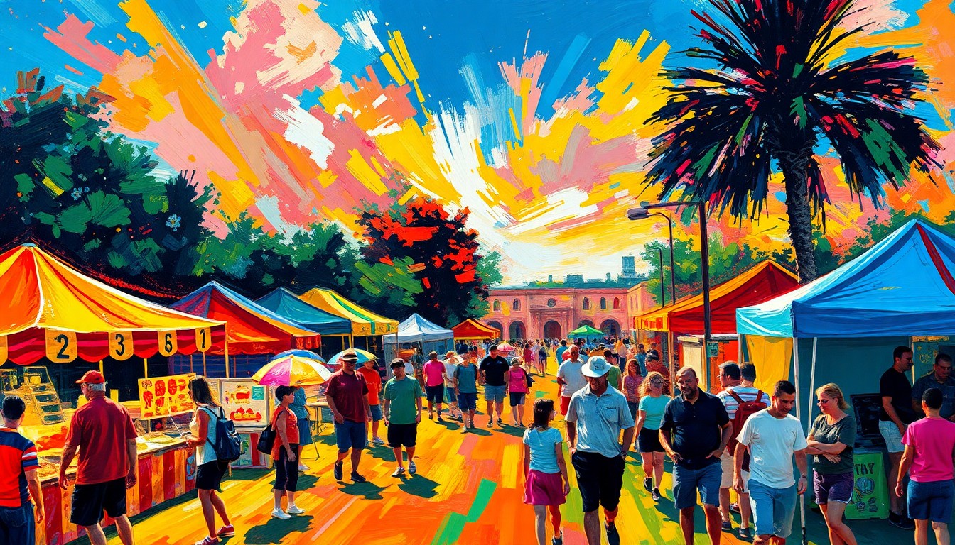 A vibrant, expressionist painting with bold brushstrokes and neon colors depicting an outdoor community event with people, food vendors, and live music, capturing the excitement and energy of the occasion.