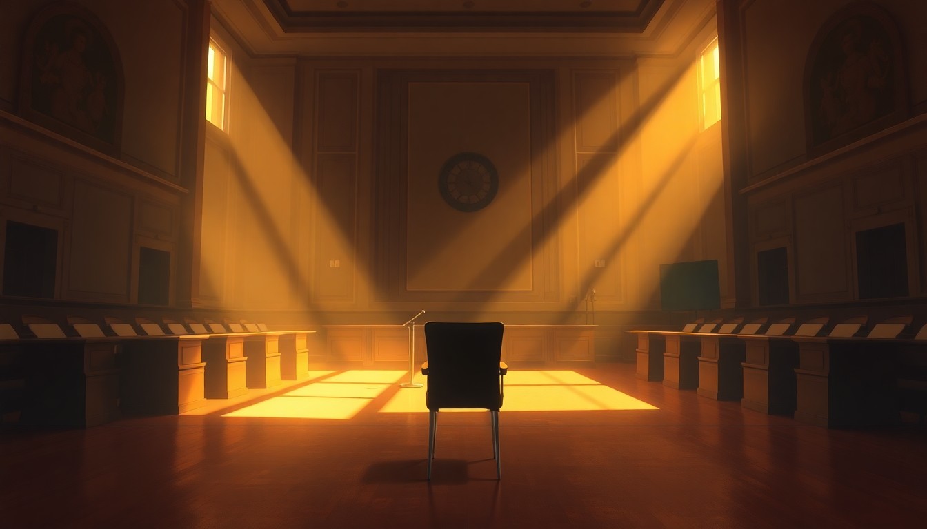 A serene, painterly scene of an empty city council chamber with a single chair in the foreground, bathed in warm, dramatic lighting that creates a sense of anticipation and opportunity for civic engagement.
