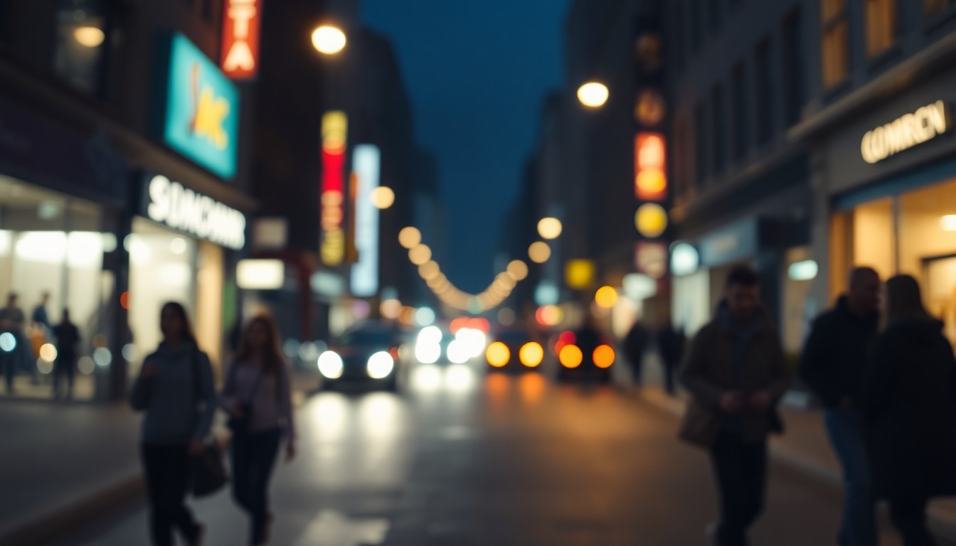 An abstract, impressionistic photograph of a city street at night, with blurred streetlights and silhouettes of people walking, conveying a sense of urban energy and possibility.