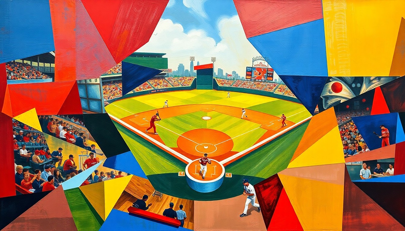 A fragmented, cubist-style painting depicting a baseball game, with the players and field broken down into sharp, overlapping geometric shapes in a vibrant color palette.