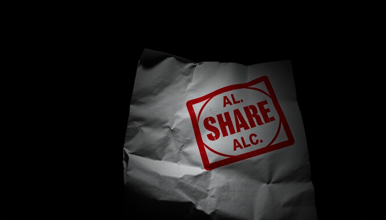 An extreme close-up photograph of a crumpled, official-looking document with a red stamp, lit by a harsh, direct camera flash against a pitch-black background, conceptually representing the investigative nature of uncovering scams.
