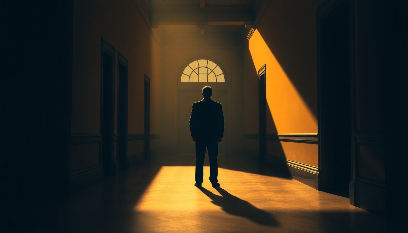 A solitary, brooding figure of a politician standing alone in a dimly lit government building hallway, bathed in warm, diagonal sunlight and deep shadows, conceptually representing the political controversy surrounding the release of classified files.