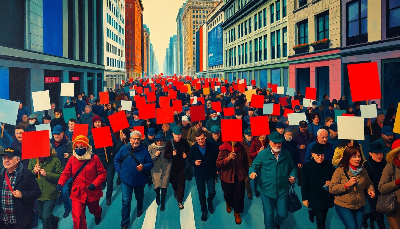 A dynamic, abstract painting of a crowd of protesters marching through a city street, their figures repeated in overlapping, fractured, geometric waves of color, conveying the energy and passion of the 'No Kings' protest.