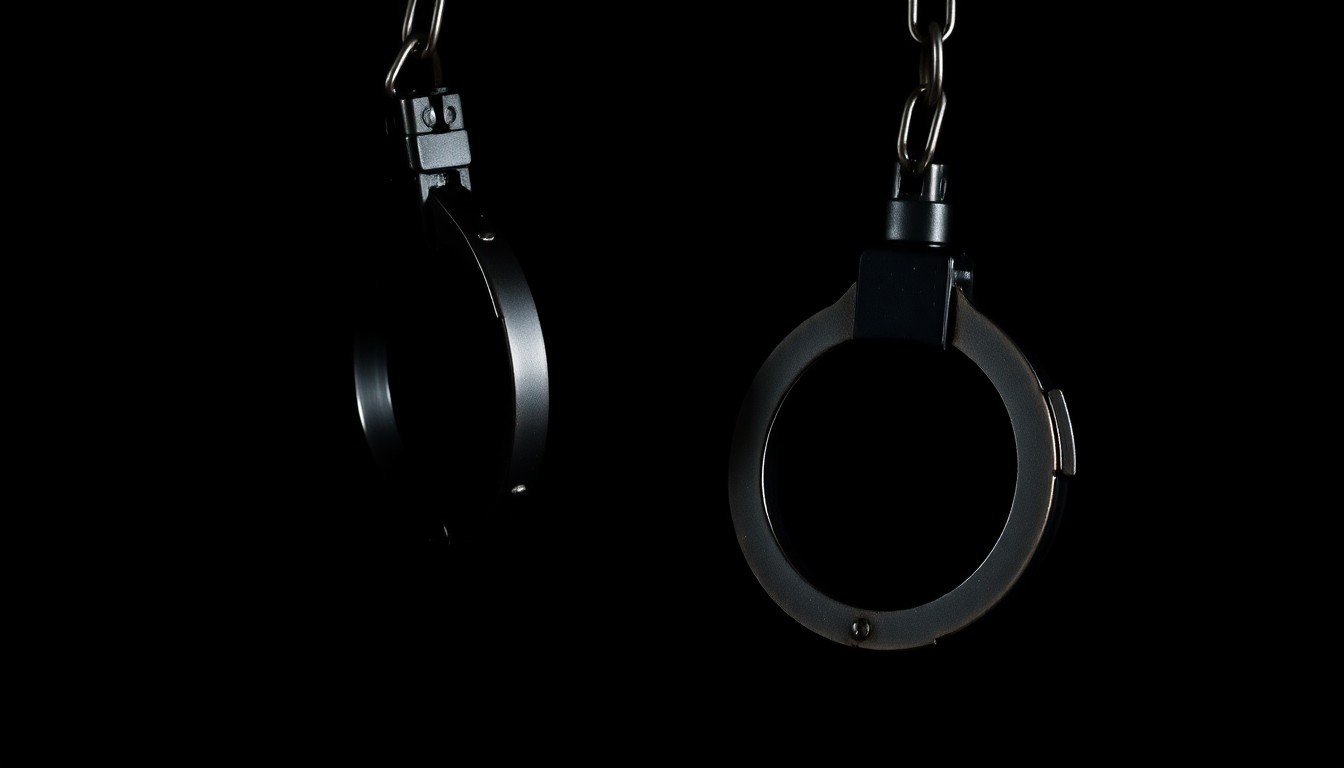 An extreme close-up photograph of metal handcuffs against a stark black background, capturing the serious and gritty nature of the juvenile arrests related to the downtown Baltimore disturbances.