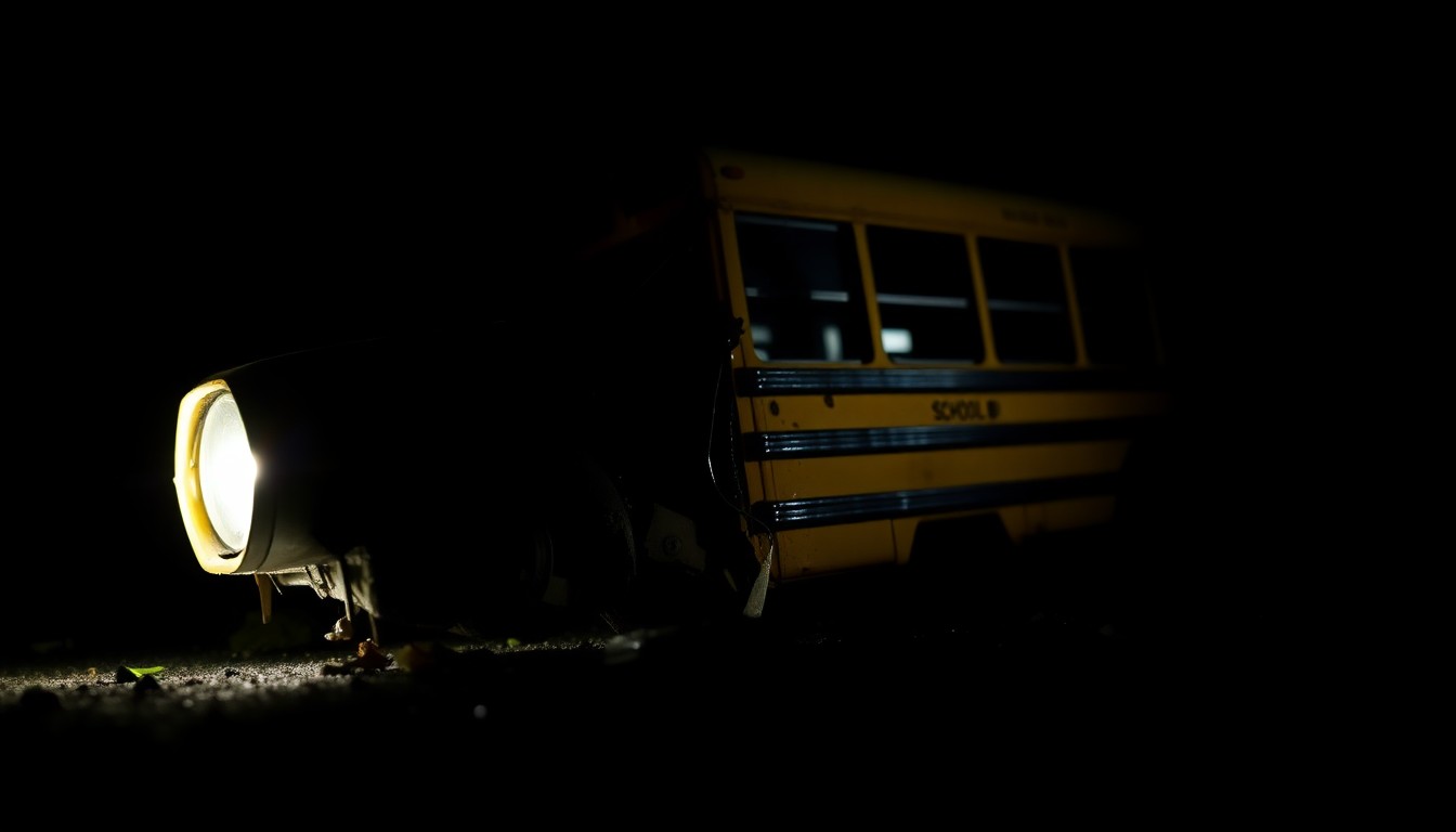 An extreme close-up photograph of a damaged school bus part or piece of evidence from the crash site, lit by a harsh, direct camera flash against a pitch-black background, conceptually illustrating the NTSB's gritty, investigative work to determine the cause of the deadly accident.