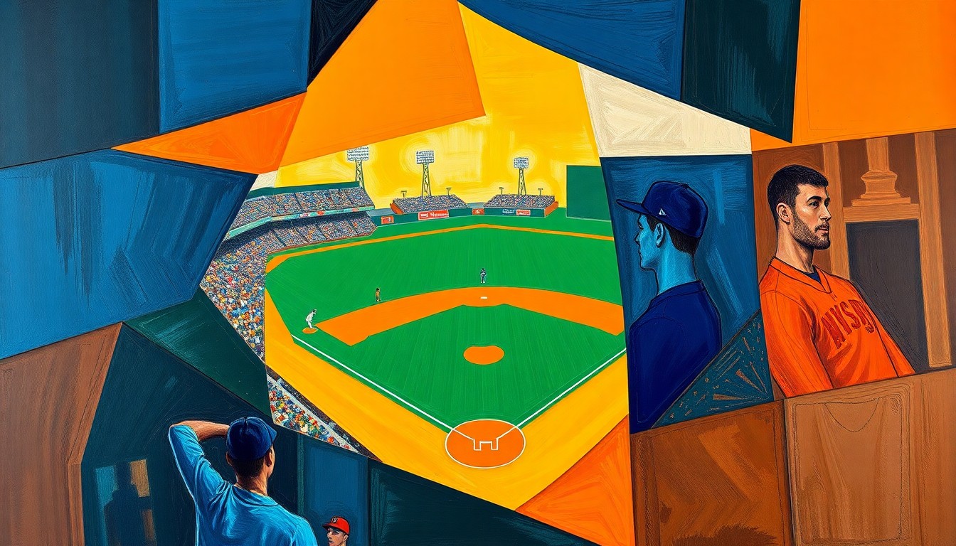 A cubist, geometric painting depicting a fragmented baseball game, with overlapping shapes and planes in a vibrant color scheme, conceptually representing the specialized non-verbal communication used in modern sports replay reviews.