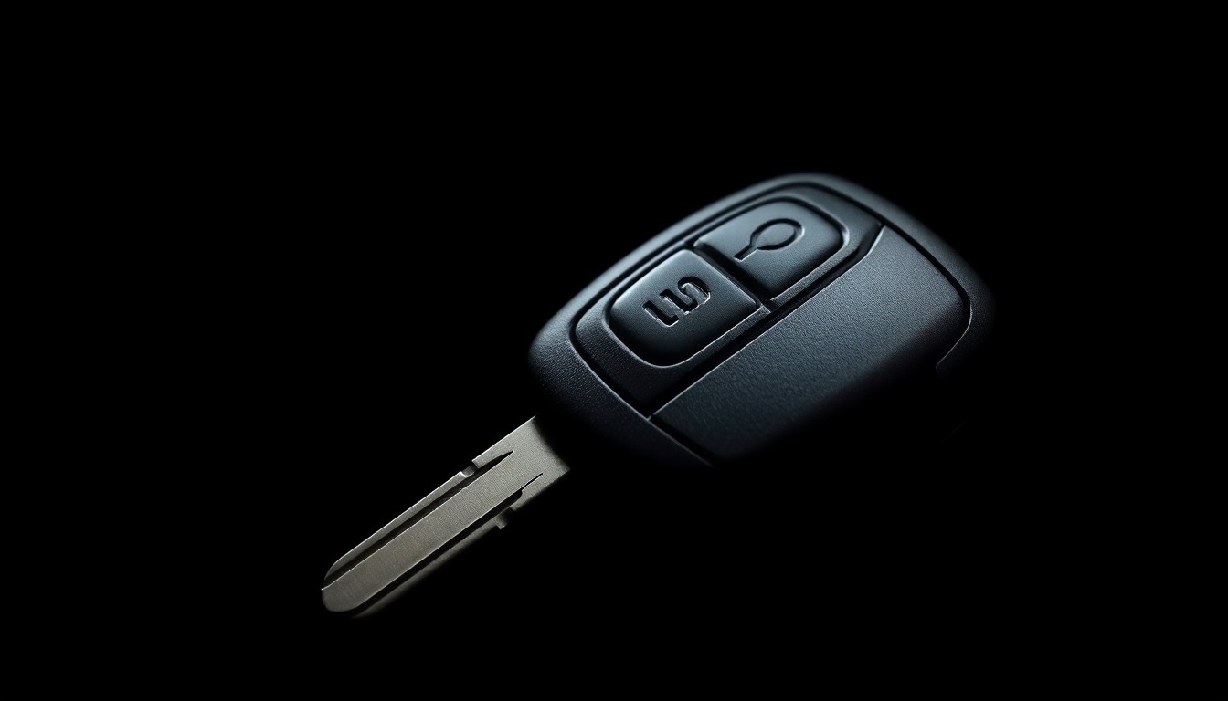 An extreme close-up photograph of a car key fob against a pitch-black background, capturing the textural details and metallic finish in a stark, gritty, investigative aesthetic.