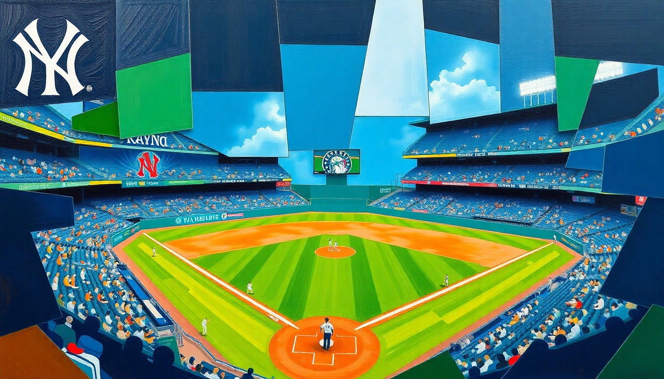 A cubist-style painting depicting a baseball game between the New York Yankees and Seattle Mariners, with the players and field broken down into sharp, overlapping geometric shapes and planes in a vibrant color palette.