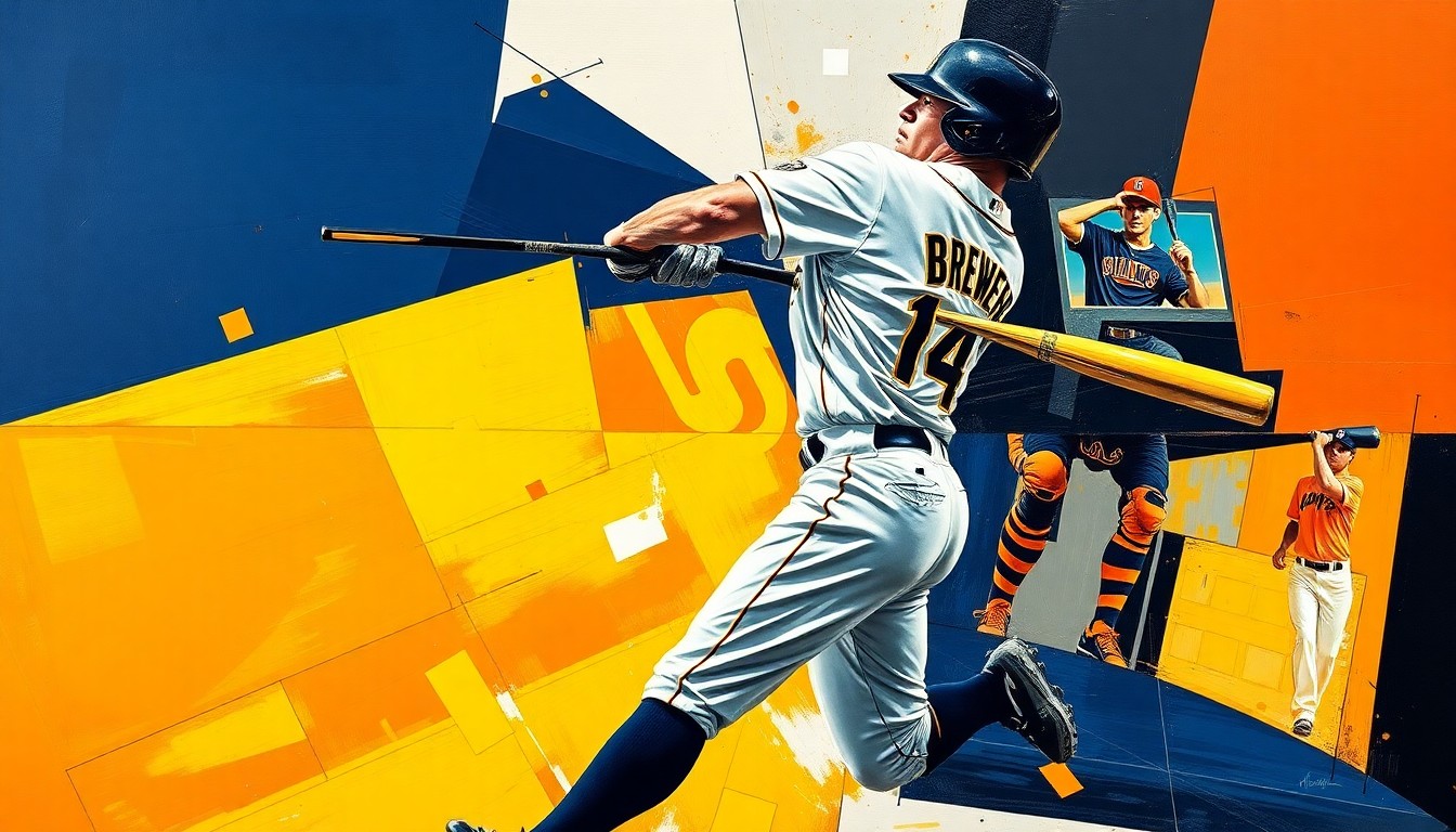 A cubist, geometric painting depicting the motion and energy of a baseball outfielder, with overlapping planes of navy blue, gold, orange, and black representing the Brewers and Giants team colors.