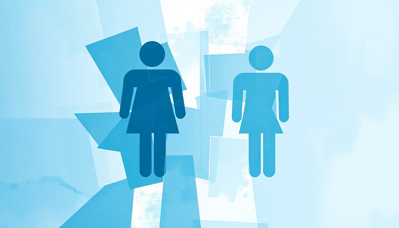 A fractured, abstract painting in shades of blue and gray depicting the repeated shape of a gender-neutral bathroom sign, conveying a sense of motion and unease around the issue of shared restroom spaces.