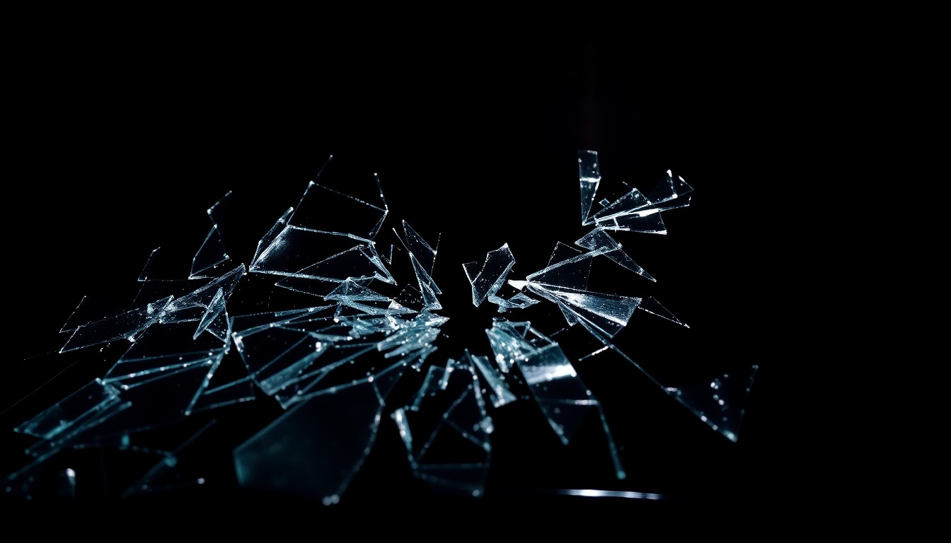 An extreme close-up photograph of a shattered car windshield against a pitch-black background, capturing the gritty, investigative aesthetic of the Weegee photographic style to conceptually represent the violence and trauma of a random act of violence.