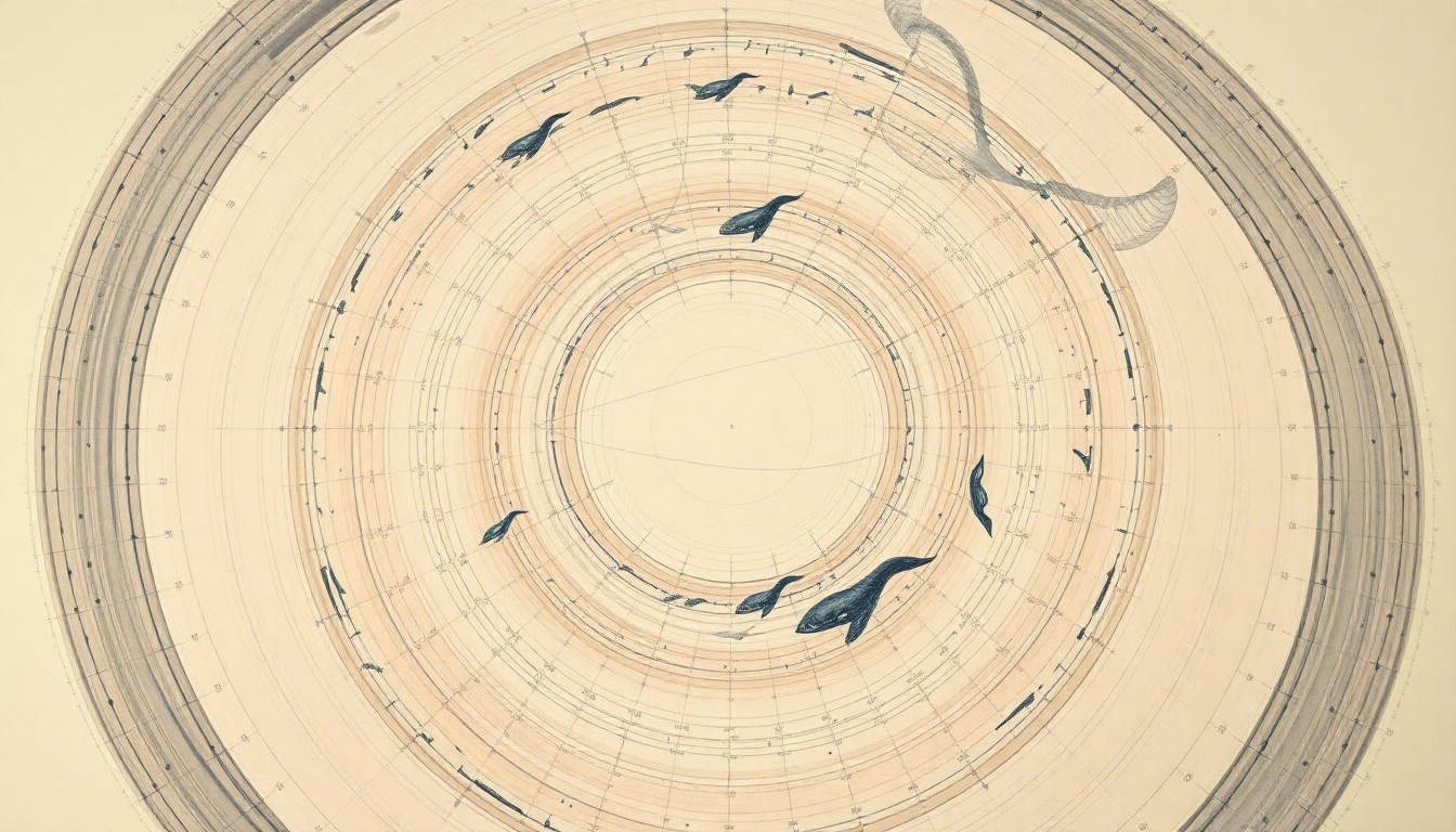 A highly textured, abstract painting in soft, earthy tones featuring sweeping geometric arcs, concentric circles, and precise spirals, conceptually representing the interconnected social interactions and cooperative behaviors of sperm whales during the birthing process.