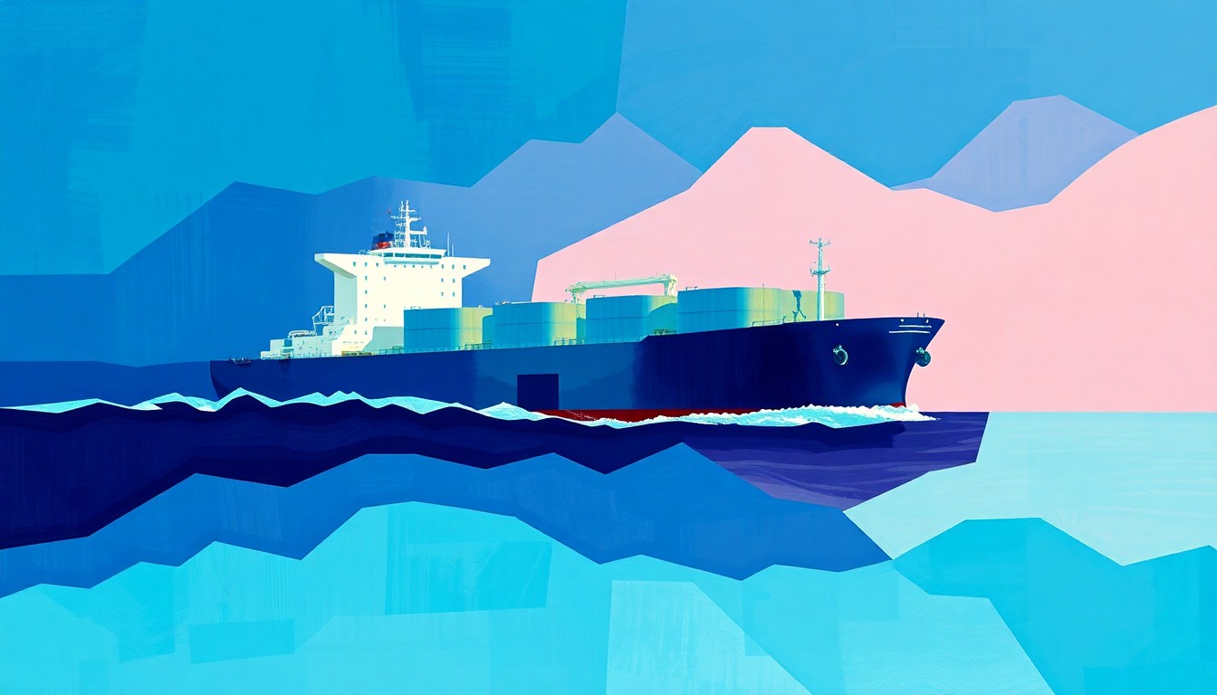 A fractured, abstract painting depicting a moving LNG tanker ship in overlapping geometric waves of deep blue, teal, and violet, conveying the disruption and volatility in global gas markets.