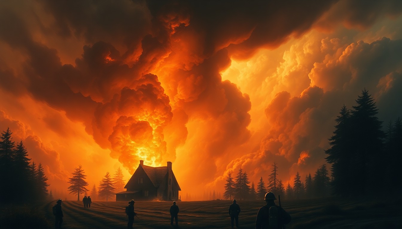 A vast, atmospheric landscape painting depicting a raging fire engulfing a small inn in the distance, with the towering silhouettes of firefighters and their equipment dwarfed by the overwhelming scale of the natural disaster.