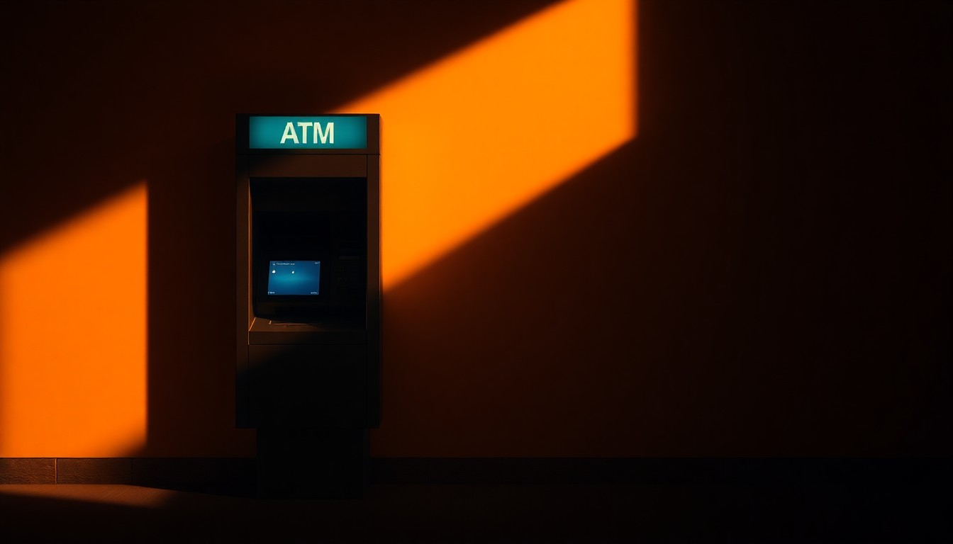 A close-up view of an ATM machine in a shadowy urban setting, with warm sunlight casting dramatic diagonal patterns across the machine's surface, conveying a sense of the importance and accessibility of financial services.