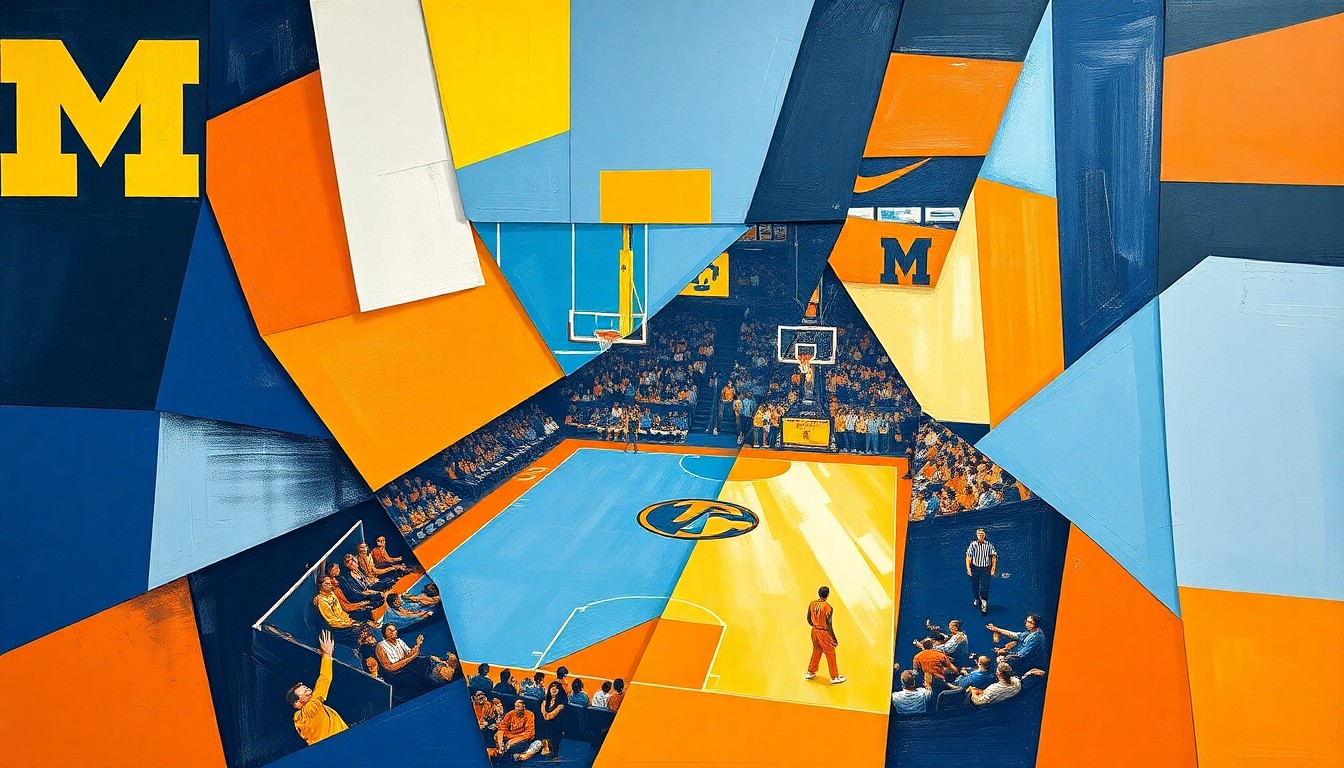 A cubist, geometric illustration depicting the action of a basketball game, with players and the court broken down into sharp, overlapping planes of color.