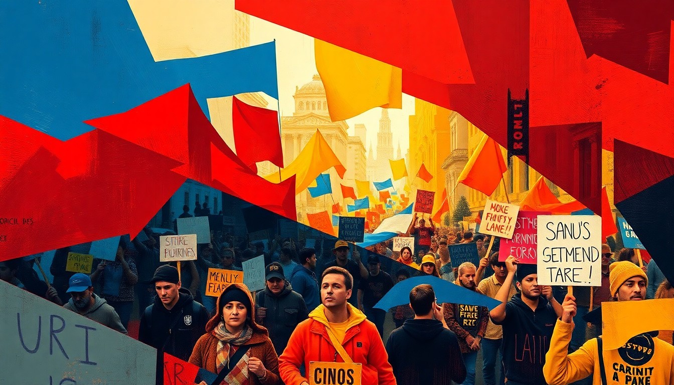 A dynamic, abstract painting of protesters marching in the streets, with overlapping geometric waves of bold colors like deep red, royal blue, and mustard yellow, capturing the energy and momentum of the demonstrations.