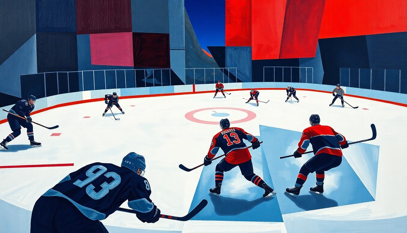 A fractured, cubist-style painting depicting the chaotic action of a hockey game, with sharp geometric shapes and planes of blue, red, and silver representing the players, ice, and equipment.