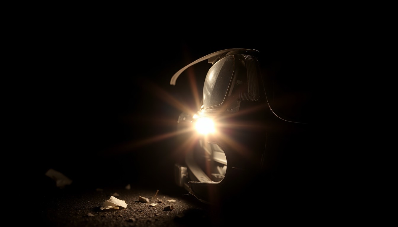 An extreme close-up photograph of a twisted, damaged car part reflecting harsh, direct lighting, conceptually illustrating the aftermath of a severe highway crash.