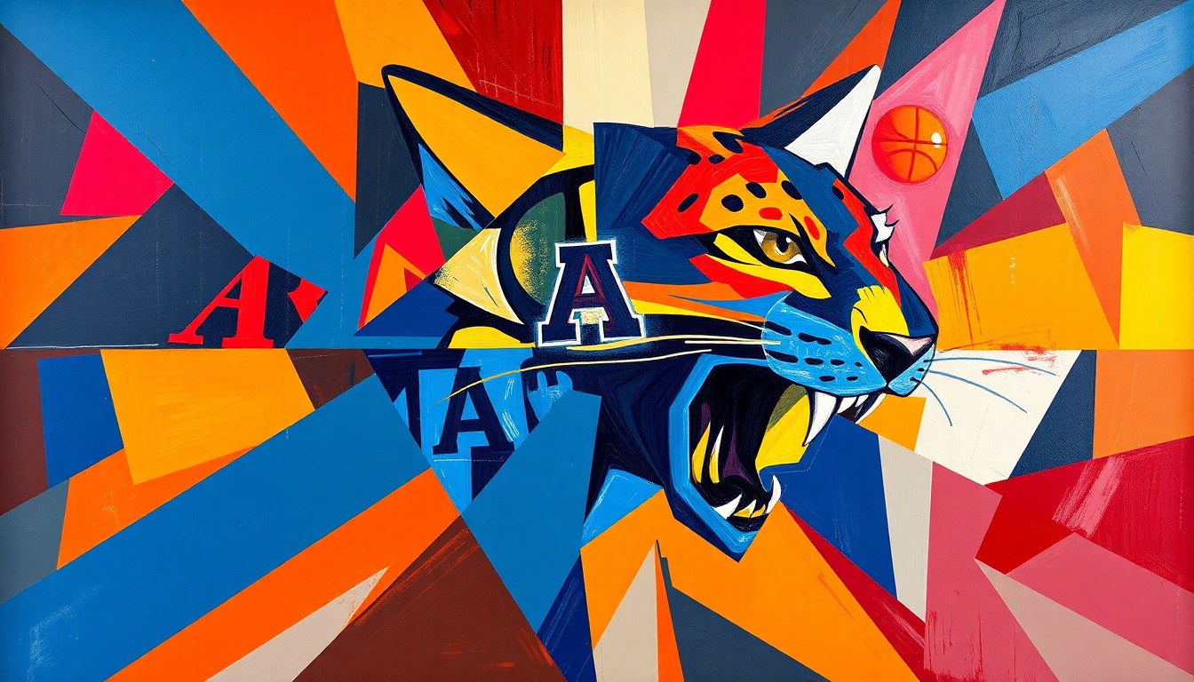 A cubist, geometric painting in shades of Arizona red and blue, capturing the dynamic energy and multi-faceted action of the Wildcats' Elite Eight victory over Purdue.