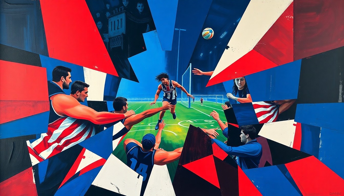 A fragmented, geometric painting depicting an Australian rules football match, with sharp planes of navy blue, red, and white colliding to represent the ebb and flow of the game's action.