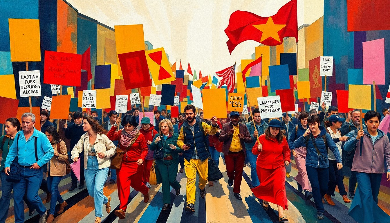 A vibrant, abstract painting depicting a crowd of protesters marching with signs, the figures repeated in overlapping, fractured geometric shapes and waves of color, conveying the energy and momentum of the nationwide 'No Kings' demonstrations.