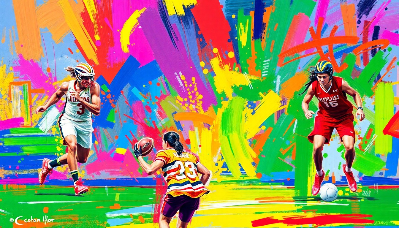 An abstract expressionist painting in vibrant neon colors, with rapid brushstrokes capturing the dynamic movement and energy of various spring sports competitions.
