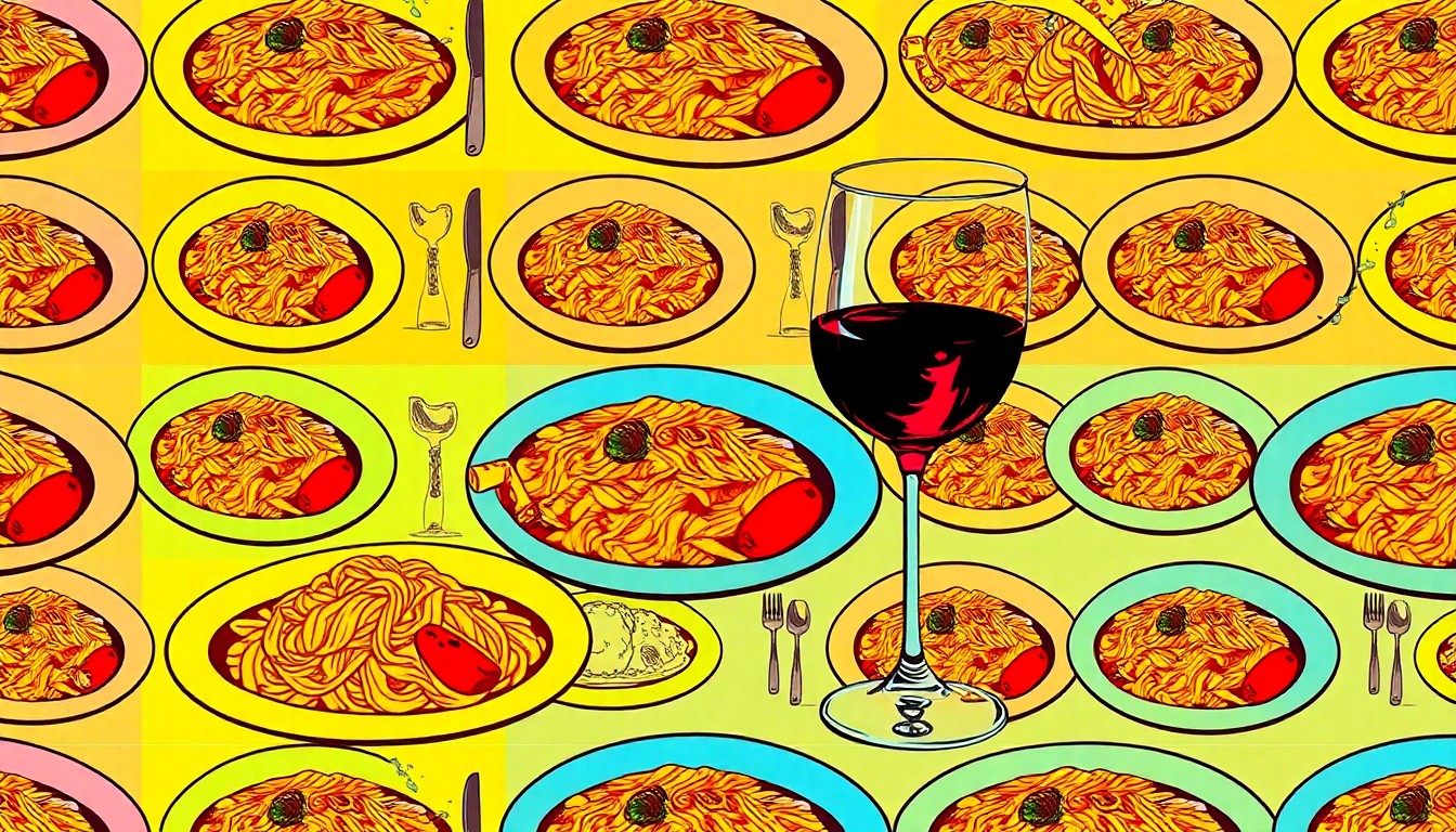 A brightly colored, high-contrast silkscreen print of a single, iconic Mediterranean dish such as a plate of pasta or a bowl of hummus, repeated in a tight grid pattern in the style of Andy Warhol, capturing the vibrant and approachable vibe of the new Topolino restaurant.