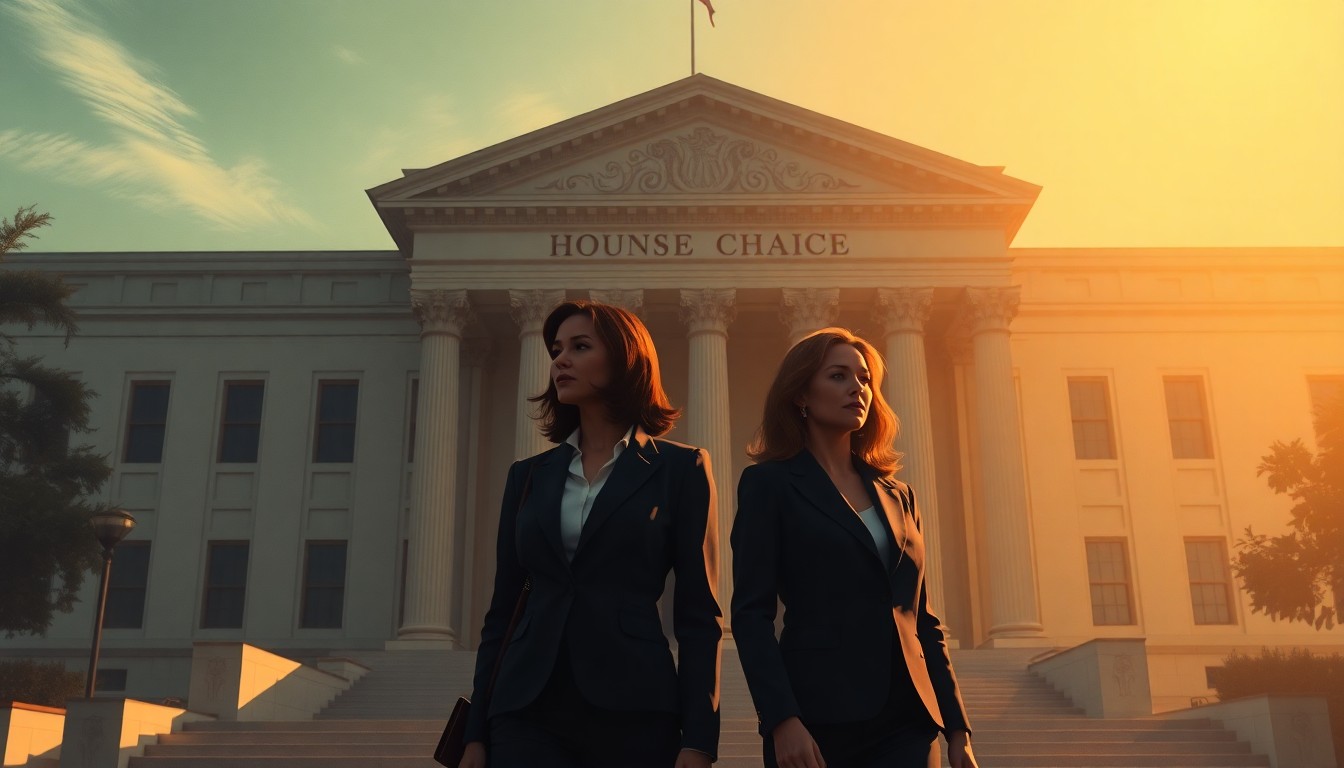 A serene, cinematic painting depicting two women in business attire standing in front of a government building, with warm sunlight and deep shadows creating a contemplative mood, conceptually representing the experiences of female political leaders.