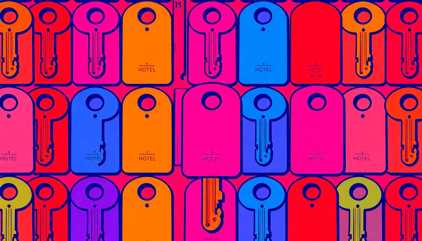 A brightly colored, high-contrast silkscreen print of an iconic vintage hotel room key or door hanger, repeated in a tight grid pattern, conceptually representing the restoration and revitalization of the historic Oroville Inn.