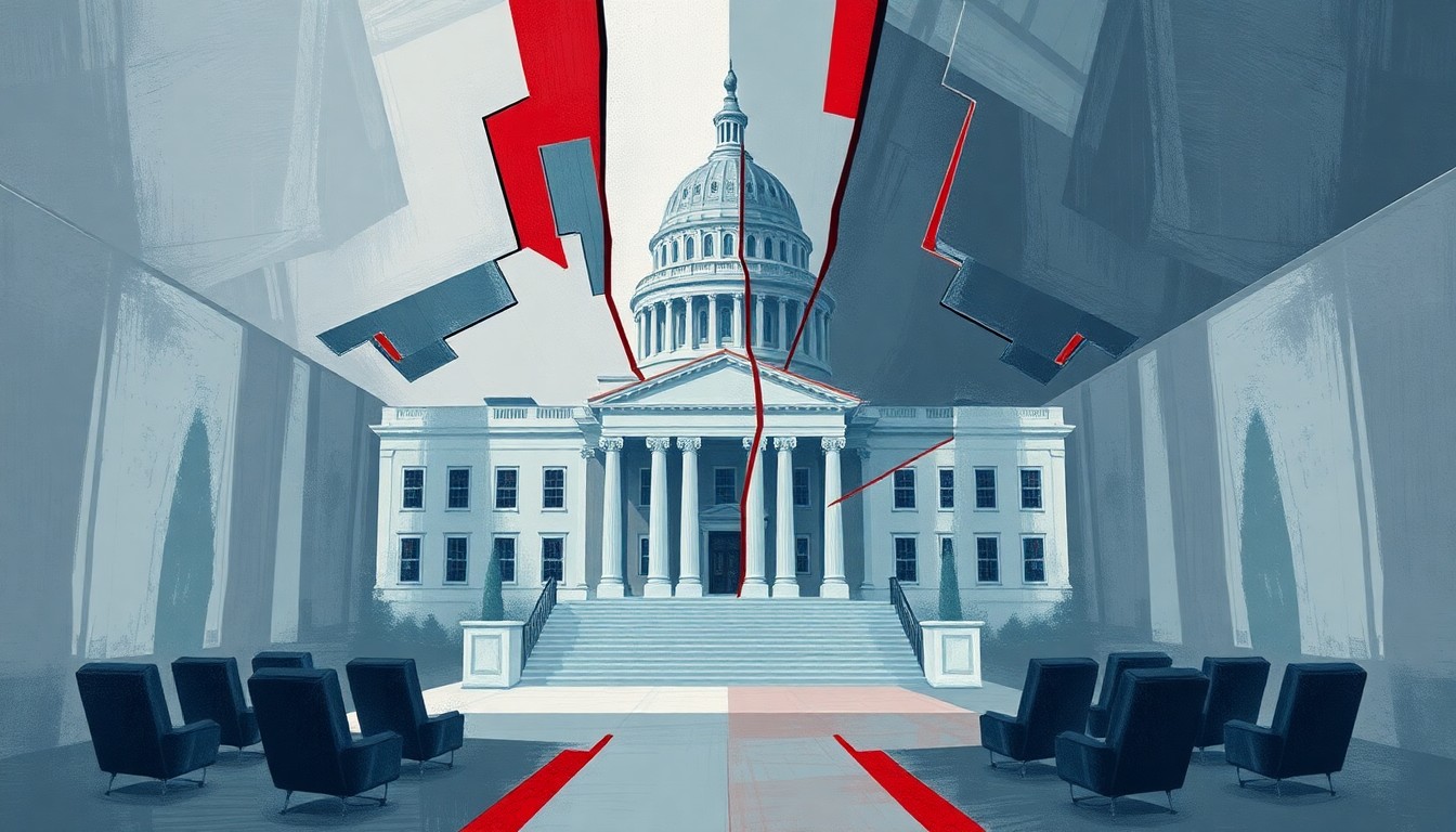 A fractured, abstract painting in shades of gray, blue, and red, depicting a government building or office space in a state of disarray, conveying a sense of instability and distrust.