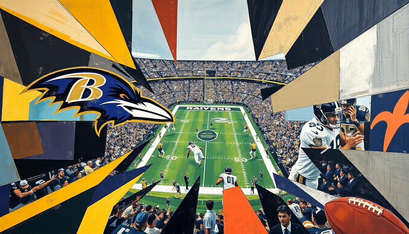 A fragmented, geometric painting depicting a football game, with players and the field broken down into sharp, overlapping planes of color, capturing the complexity and intensity of the potential trade deal.
