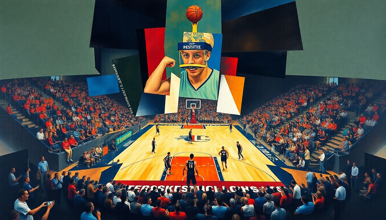 A fractured, geometric painting in the style of Pablo Picasso, breaking down a college basketball game into abstract shapes and planes of color, creating a dynamic and visually striking representation of the energy and excitement of the NCAA Men's Final Four.