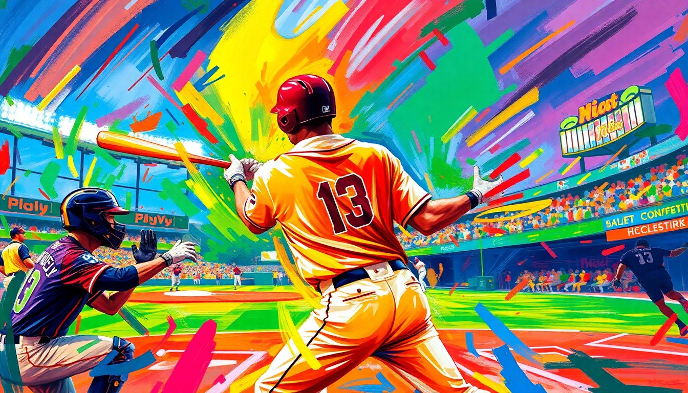 An abstract expressionist painting in neon colors, with rapid brushstrokes capturing the dynamic motion and energy of a college baseball game, the players' forms dissolving into vibrant splashes of paint.